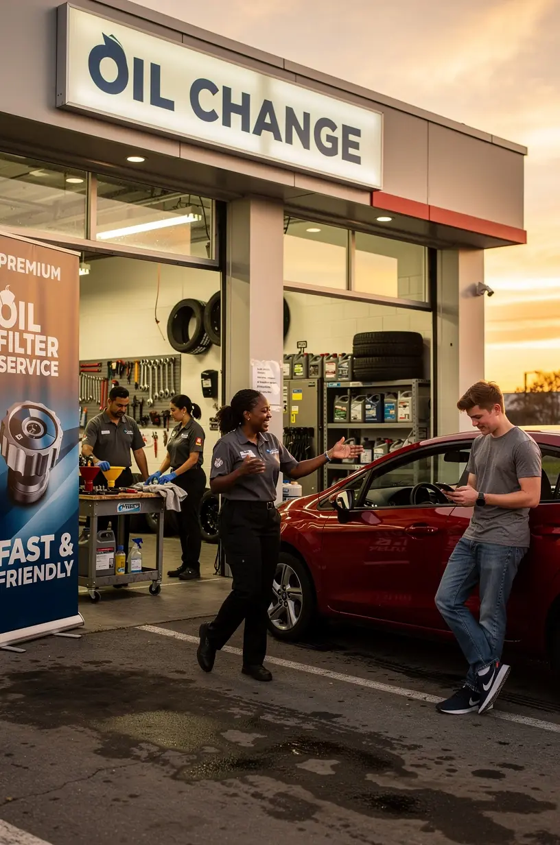 Close-up of a clean automotive oil filter being replaced during a routine maintenance check at a professional auto service shop.
