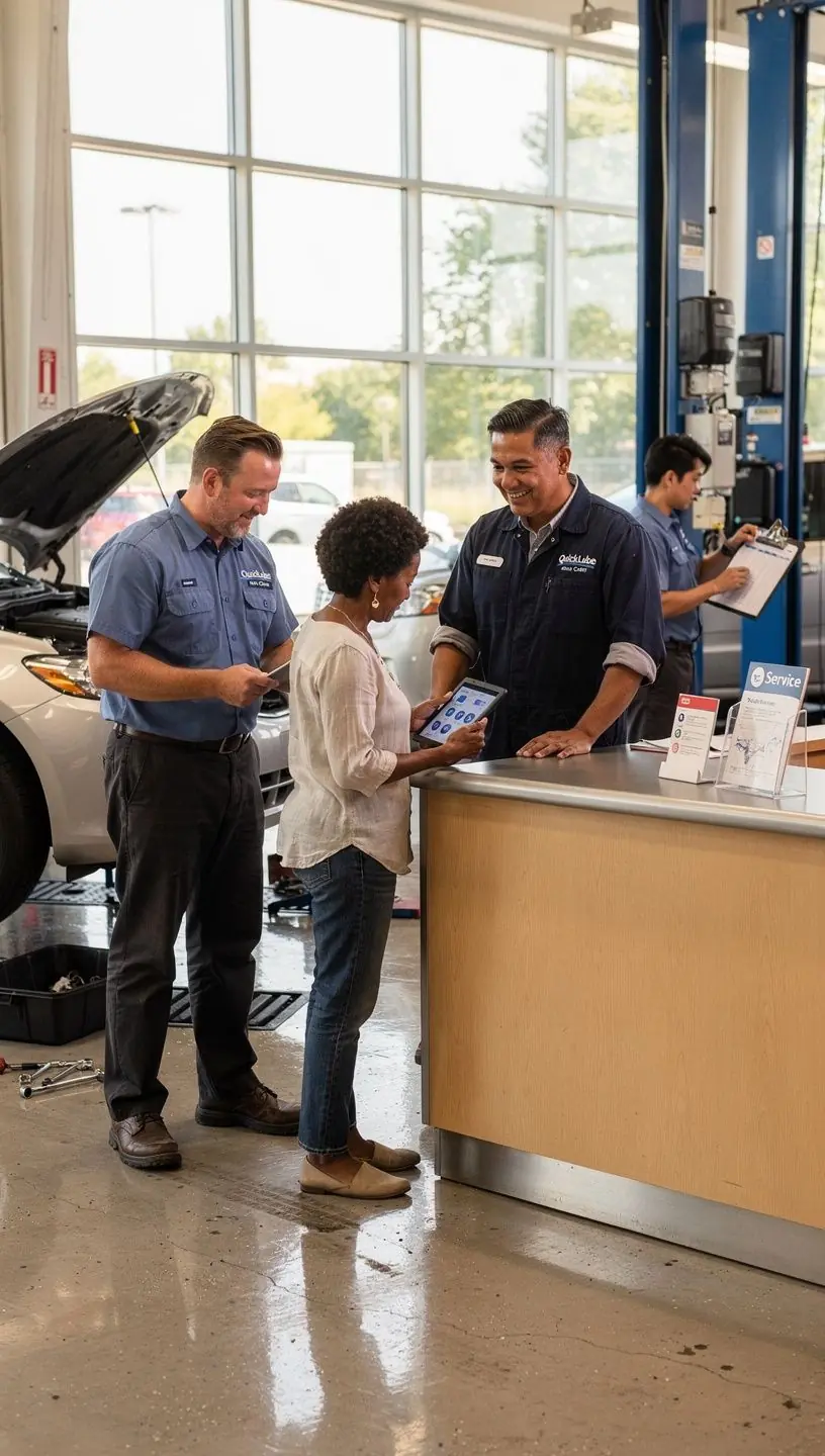 Customer receiving transparent explanations and actionable vehicle inspection results from a service advisor in a well-equipped auto center.
